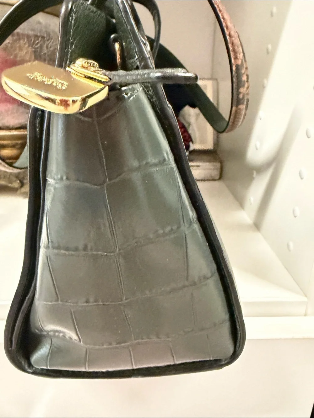 Coach Forest Green Pebbled Leather Satchel with Snake-Print Straps